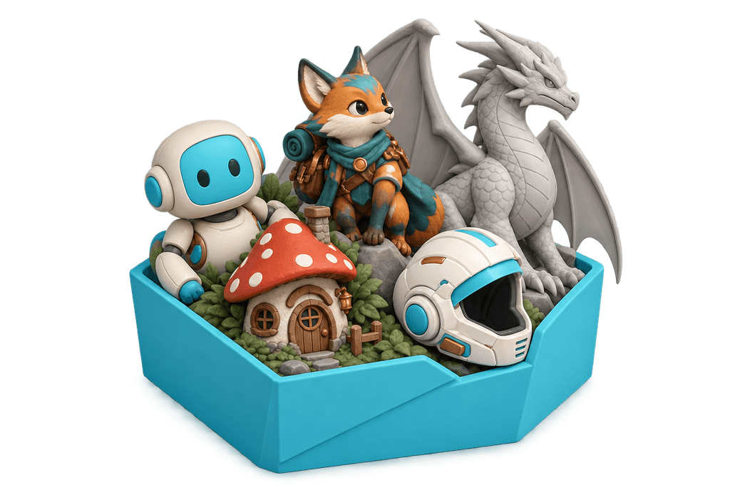 A robot, fox adventurer, mushroom cottage, helmet and mesh dragon in a cyan tray